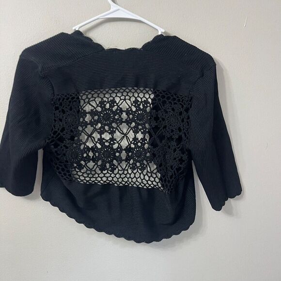 Vtg 90s Y2K Womens Black Cropped Cardigan L Short Sleeve Knit Whimsigoth Crochet - Picture 6 of 7